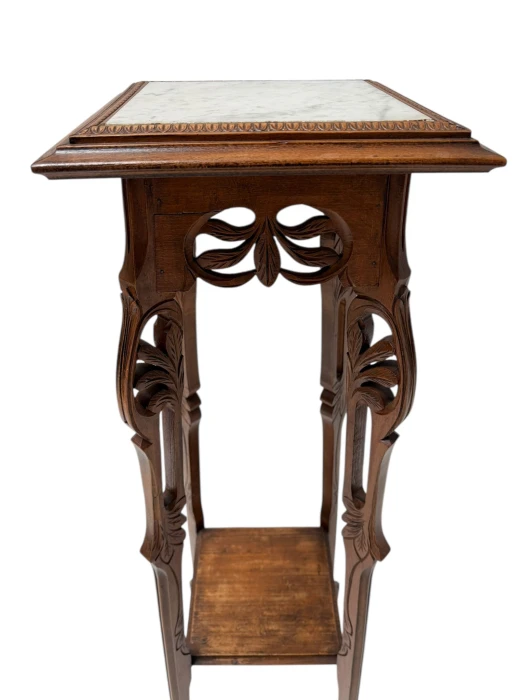 Art Nouveau Pedestal Plant Stand, Hand-Carved Beech & Marble, 1900s